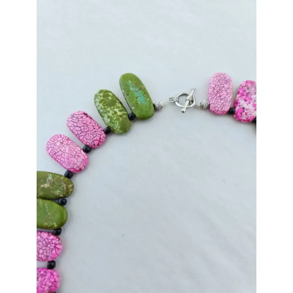 Handmade Gem Stone‎ Beaded Artisan Necklace Howlite Green Pink Green Choker Boho